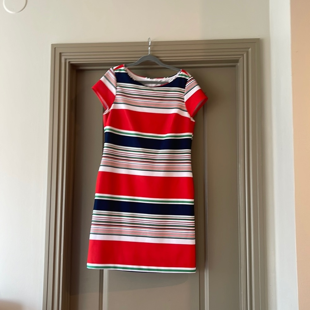 Navy, green, orange pink strips